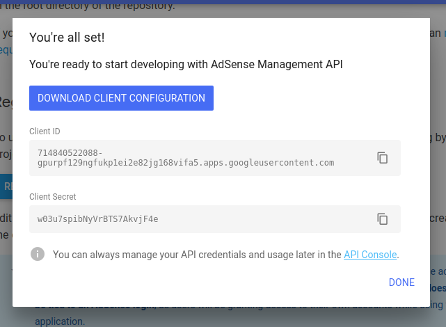 Adsense Management API - Download client configuration