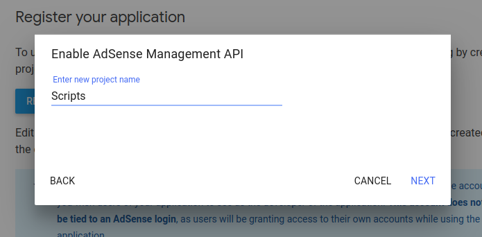 Adsense Managment API - Enter new project name