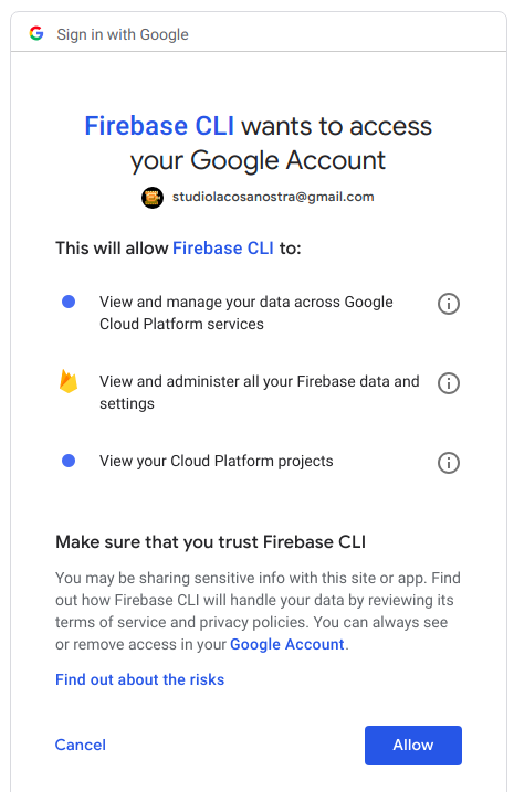 Firebase cli sign access grant view in browser