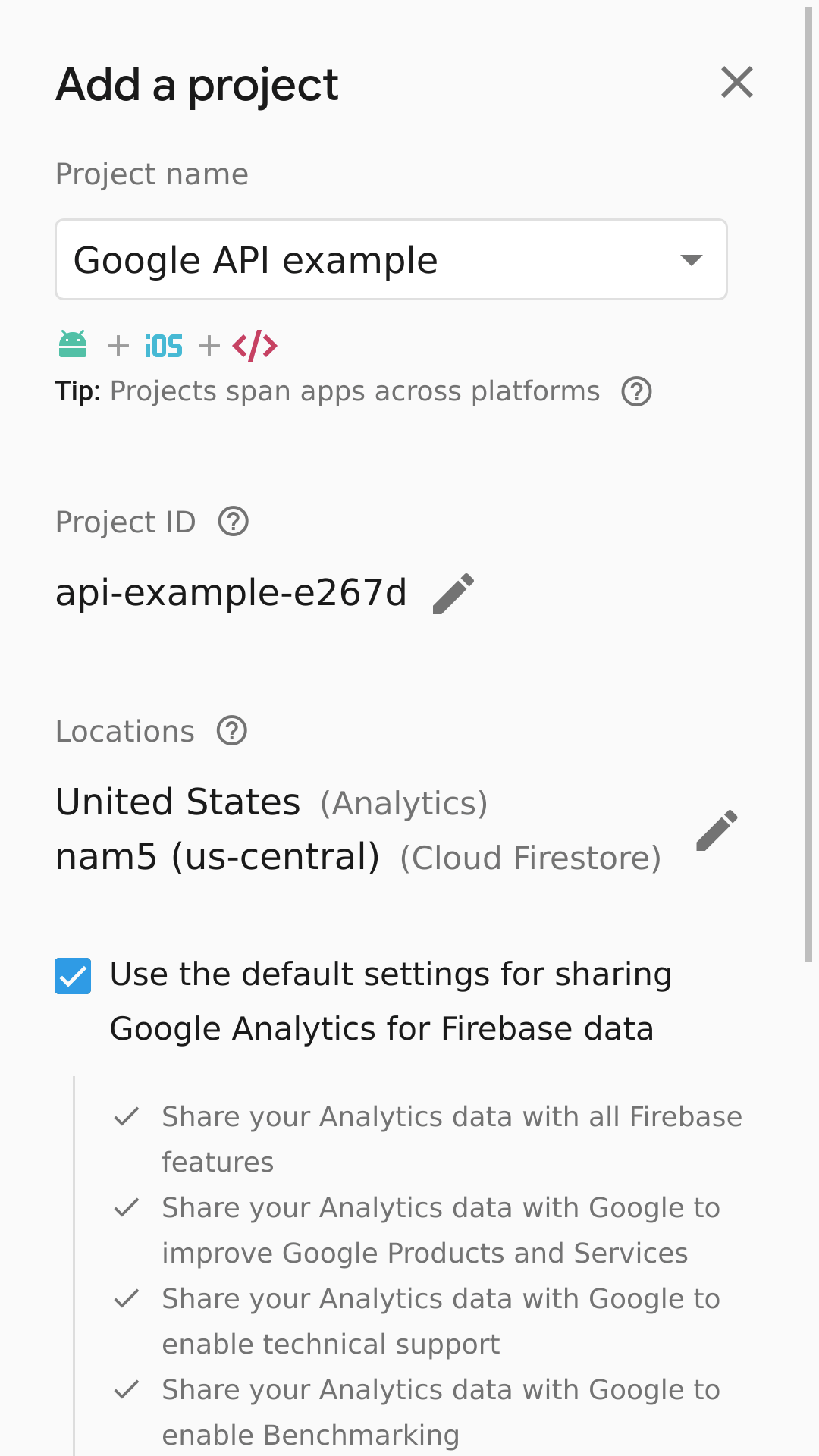 Firebase console: Add a project view