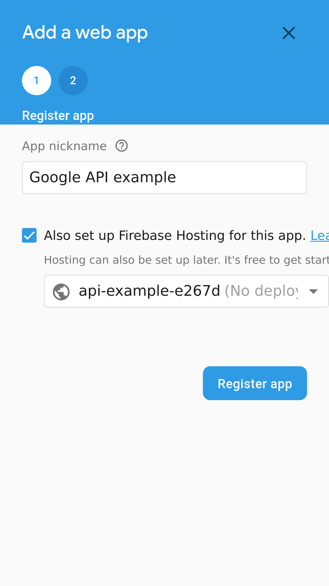 Firebase console: Add web app - step 1