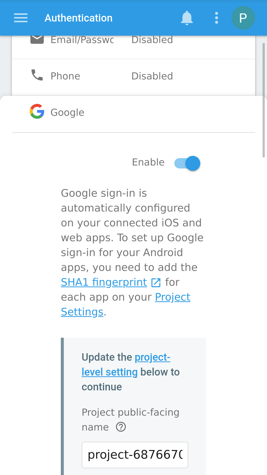Firebase console: Add Google sign-in authentication - step 4