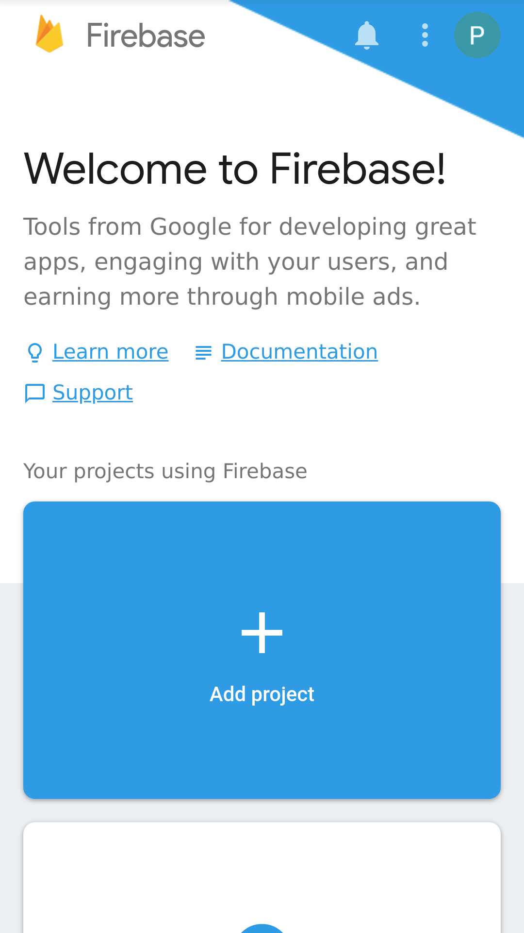 Firebase console: Projects dashboard view